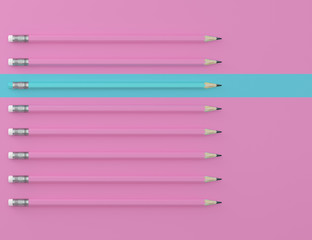 Blue pencil and blue pencil on pink pastel background. minimal creative concept. The idea about the business leadership, think different