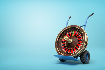 Poster - 3d rendering of navy blue hand truck standing upright with casino roulette wheel on it on light-blue