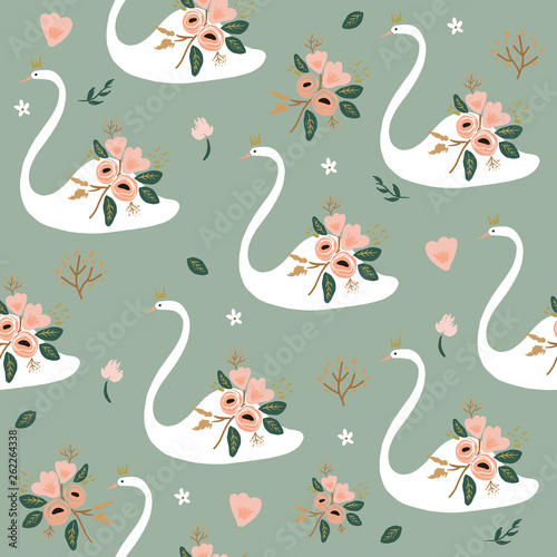 Cotton fabric Beautiful white swan princess or queen with crown, romantic seamless pattern and floral bouquet decor elements. Vector