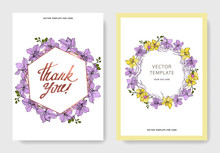 Vector Orchid Floral Botanical Flowers. Yellow And Violet Engraved Ink Art. Wedding Background Card Decorative Border.