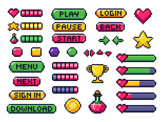 Poster - pixel game buttons. games ui, gaming controller arrows and 8 bit pixels button vector set