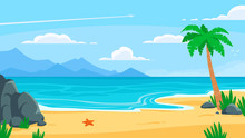 Summer Beach Background. Sandy Seashore, Sea Coast With Palm Tree And Vocation Seaside Travel Vector Cartoon Backdrop Illustration