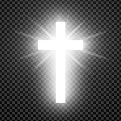 Wall Mural - Shining white cross isolated on transparent background. Riligious symbol. Glowing Saint cross. Easter and Christmas sign. Vector illustration