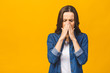 © denis_vermenko - Closeup portrait of cute sick young woman having sore throat isolated, holding hand on her neck/Throat pain, painful swallowing concept/ Inflammation of the upper respiratory tract.