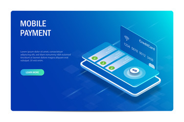 Poster - Mobile Payment Isometric Concept. Financial transactions through the mobile application. Mobile phone with pop-up notifications on the background of a bank card. Editable vector illustration.