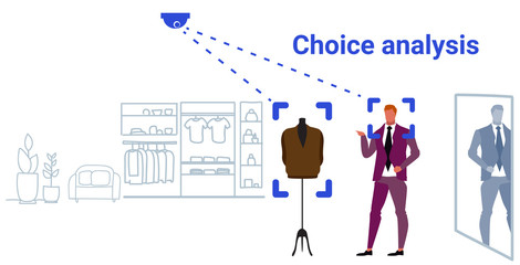 Poster - businessman choosing clothes customer identification facial recognition concept clothing store boutique interior security camera surveillance cctv system horizontal sketch doodle full length