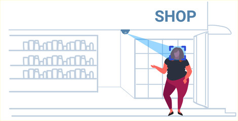 Poster - woman customer identification facial recognition concept overweight girl choosing accesories modern fashion boutique interior security camera surveillance cctv system sketch doodle horizontal