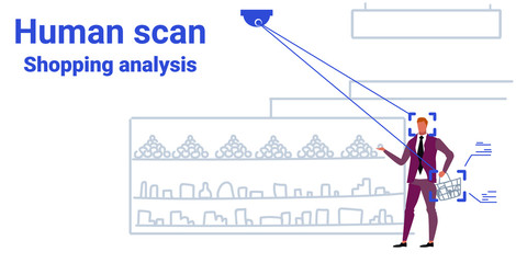 Poster - grocery shop business man customer identification facial recognition concept guy choosing fruits supermarket interior security camera surveillance cctv system sketch doodle horizontal
