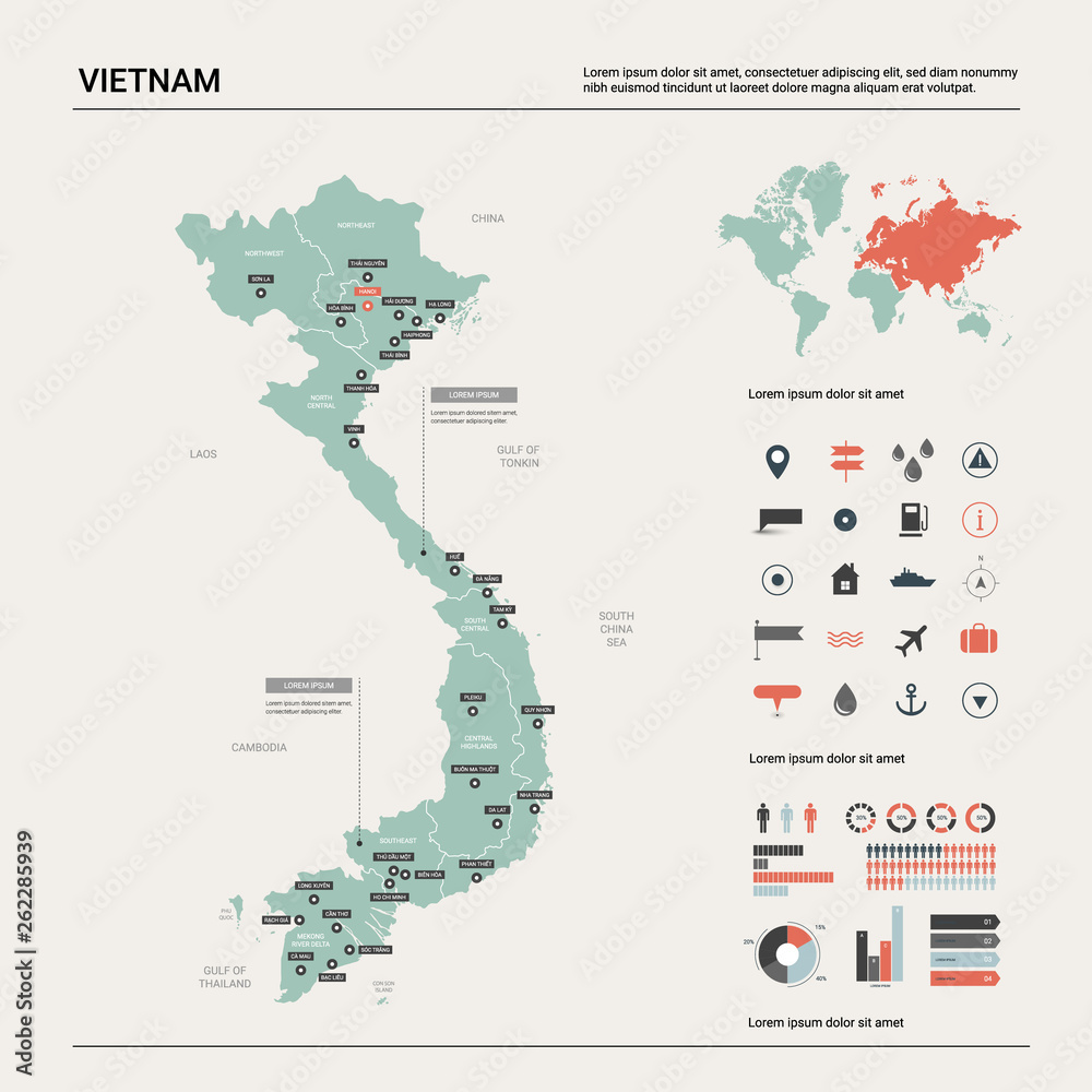 Vector map of Vietnam. High detailed country map with division, cities ...