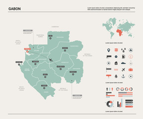  Vector map of Gabon.  High detailed country map with division, cities and capital Libreville. Political map,  world map, infographic elements.
