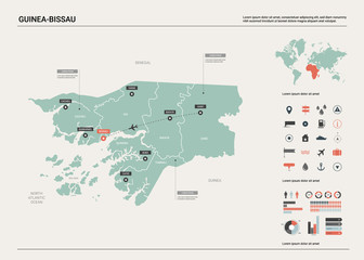  Vector map of Guinea-Bissau.  High detailed country map with division, cities and capital Bissau. Political map,  world map, infographic elements.
