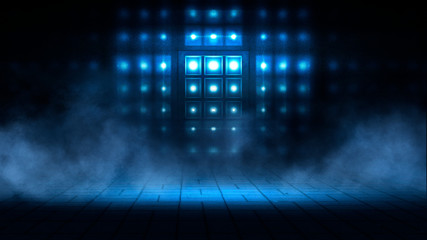 Dark empty stage, street, night smog and smoke, neon light. Dark background of the night city, ray of light in the dark. Concrete floor, dark wall. Blue neon. Light spotlights.