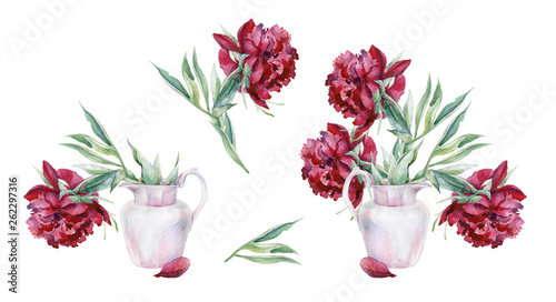 Watercolor set of pink peony flowers in a vase. Hand drawn floral illustratio...
