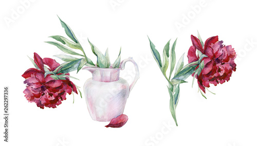 Watercolor set of pink peony flowers in a vase. Hand drawn floral illustratio...