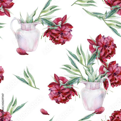 Watercolor seamless pattern of pink peony flower in a vase. Hand drawn floral...