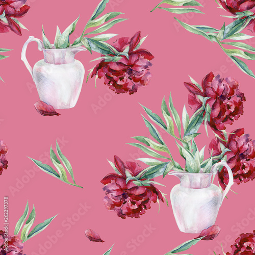 Watercolor seamless pattern of pink peony flower in a vase. Hand drawn floral...