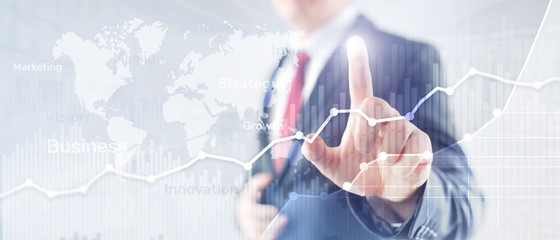 Wall Mural - Business abstract background double exposure graph, chart and diagram. World wide map and. Global business and financial trading concept.