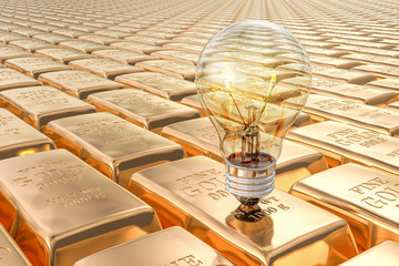 Poster - Lightbulb on the golden ingots backdrop, 3D rendering