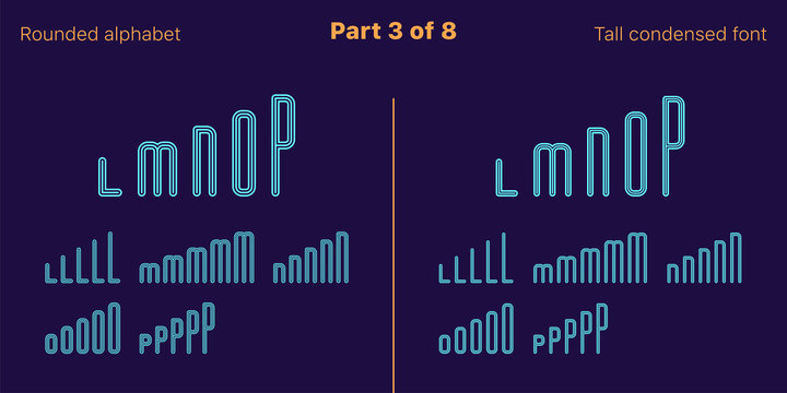 Condensed outlined sans serif font, Rounded. Set