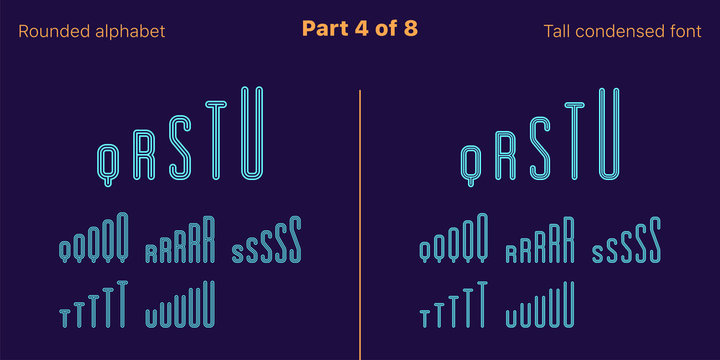 Condensed outlined sans serif font, Rounded. Set