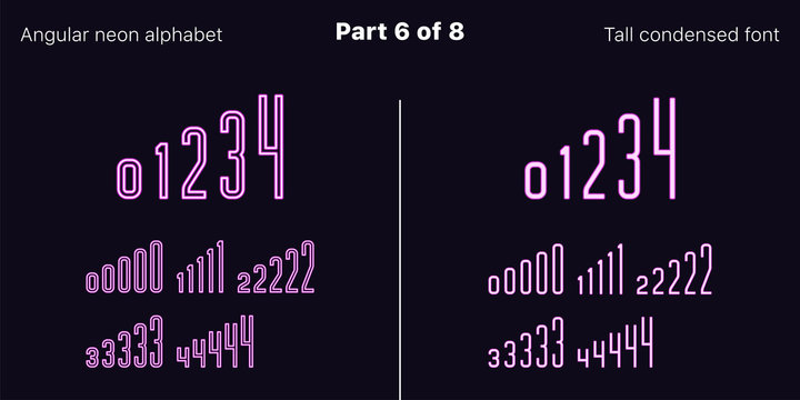 Condensed purple neon font, Angular. Vector Set