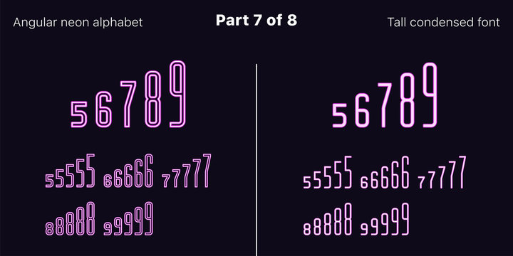 Condensed purple neon font, Angular. Vector Set