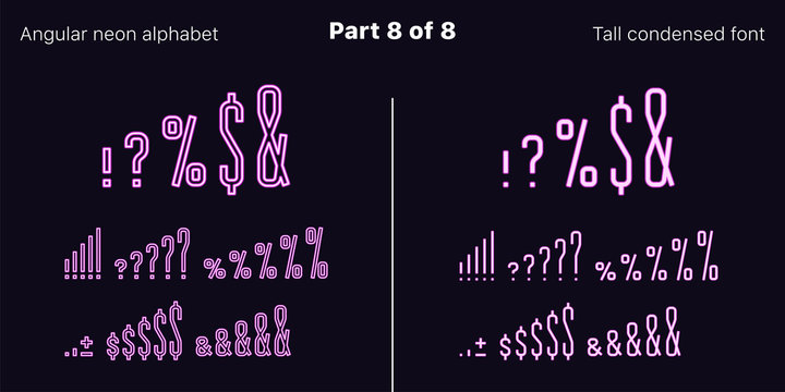 Condensed purple neon font, Angular. Vector Set