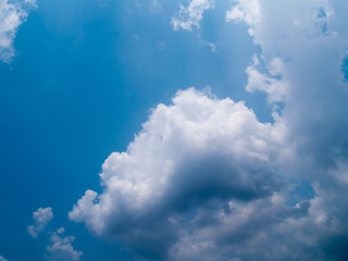 Beautiful blue clear sky with white clouds background in sunny day and copy space. Nature bright sky background image. Summer blue sky. Texture for Design. Natural cloudy Wallpaper.