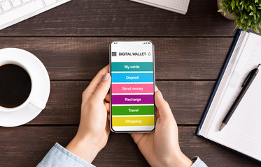 Poster - Woman holding smartphone with digital wallet application