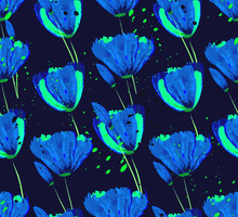 Seamless Pattern With Beautiful Abstract Tulips. Blue Flowers On A Dark Background.