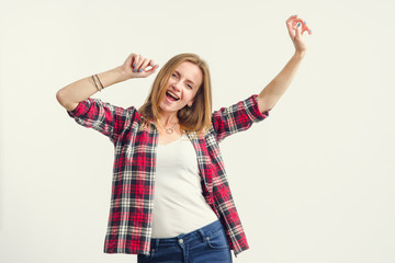 Wall Mural - Portrait of a very happy young woman. Joyful girl.