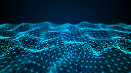Fototapete - Wave of interlacing points and lines. Abstract background. Technological style for science, big data.3d rendering.
