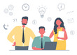 © irynaalex - Team work. Group of office workers. Business concept with icons. Young man is working on laptop. Other employees are standing near him. Funky flat style. Vector illustration.