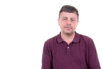 studio portrait of happy handsome man in white background and copy space