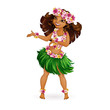 © lerha - A beautiful girl in Hawaiian clothes dances Hula. Wreath and garland of flowers, a skirt of grass. Holidays in the Hawaiian Islands. Vector illustration. Funny character in the style of a cartoon