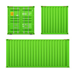 Realistic bright green cargo container set. The concept of transportation. Closed container. Front, back and sid