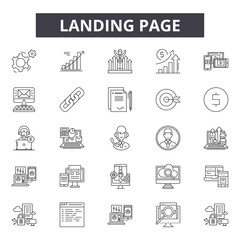 Landing page line icons, signs set, vector. Landing page outline concept illustration: page,web,template,landing,internet,business,development,technology