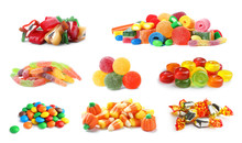 Set Of Different Tasty Candies On White Background