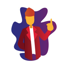 Sticker - Vector character illustration of a doctor in red coat pointing finger up on white background