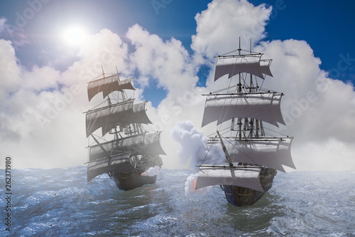 sea battle with a sailing pirate ship 3d,render