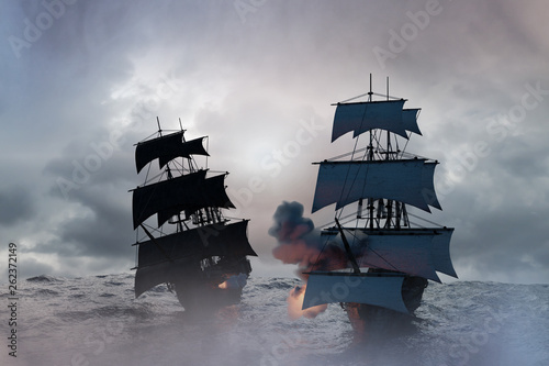 sea battle with a sailing pirate ship 3d,render