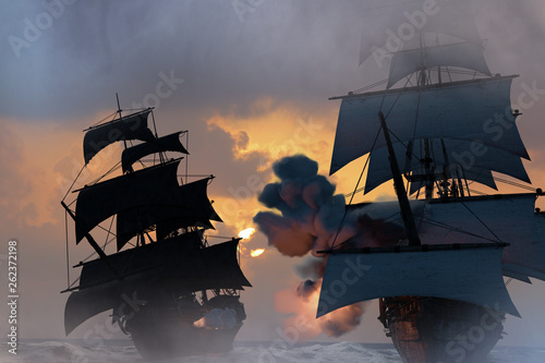 sea battle with a sailing pirate ship 3d,render