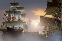 Sea Battle With A Sailing Pirate Ship 3d,render