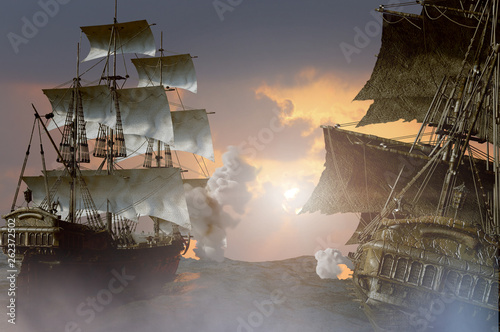 sea battle with a sailing pirate ship 3d,render