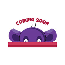 Purple creature saying Coming soon vector illustration on a white background