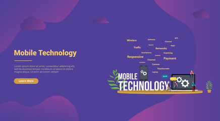 Poster - mobile technology concept with smartphone and laptop with team people for website template landing homepage banner - vector