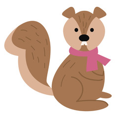 A cute little cartoon squirrel wearing a rose-colored scarf around its neck vector or color illustration