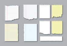 Set Of Different Notebook Torn Pages And Pieces Of Ripped Paper For Notes. Vector Illustration 