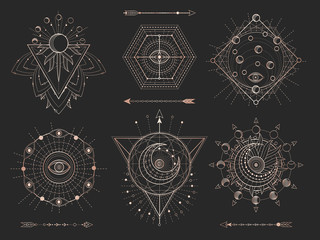 Wall Mural - vector set of sacred geometric symbols and figures on black background. gold abstract mystic signs c