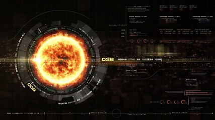 Poster - Futuristic motion graphic user interface head up display screen with Holographic Sun Corona Particles and digital data telemetry information display for digital background